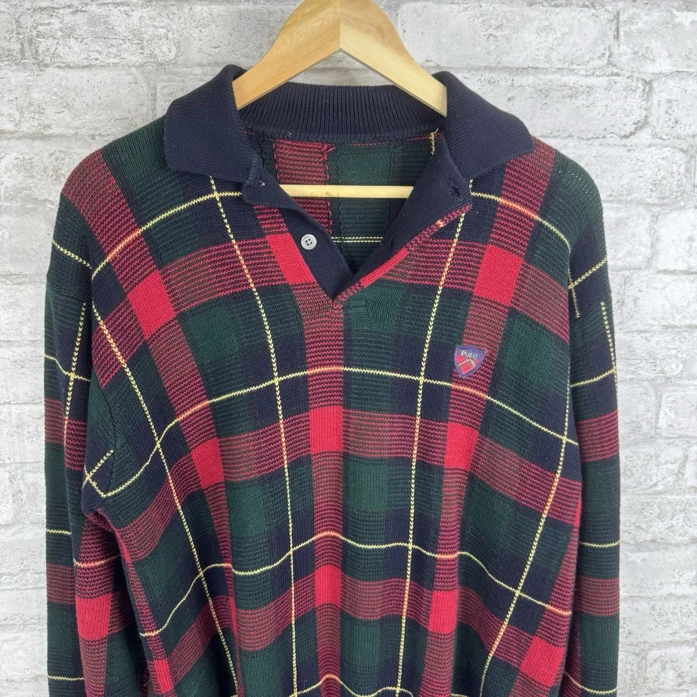 Vintage POLO RALPH LAUREN Scottish Red Tartan Plaid Heritage'Sweater Shield Logo